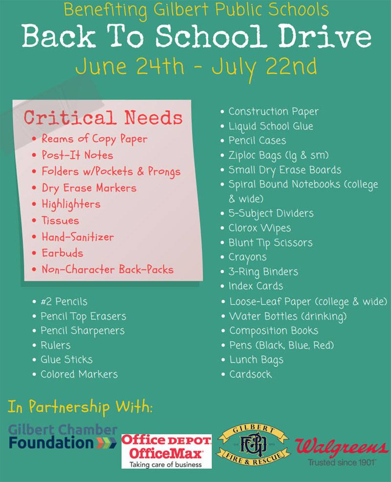 Gilbert AZ School Supplies List 2019